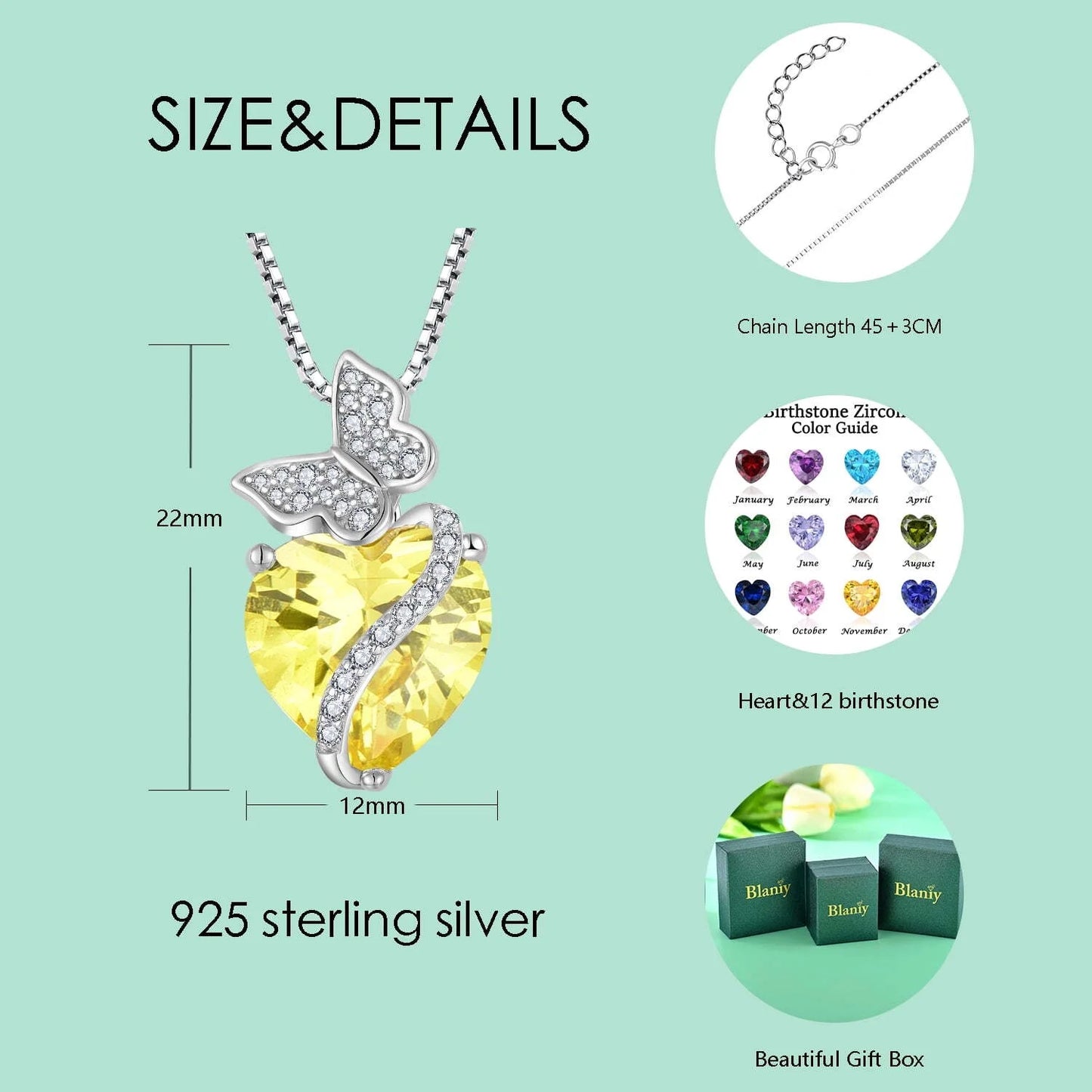 Sterling Silver October Birthstone Heart Necklace Butterfly Pendant Jewelry Gift for Women