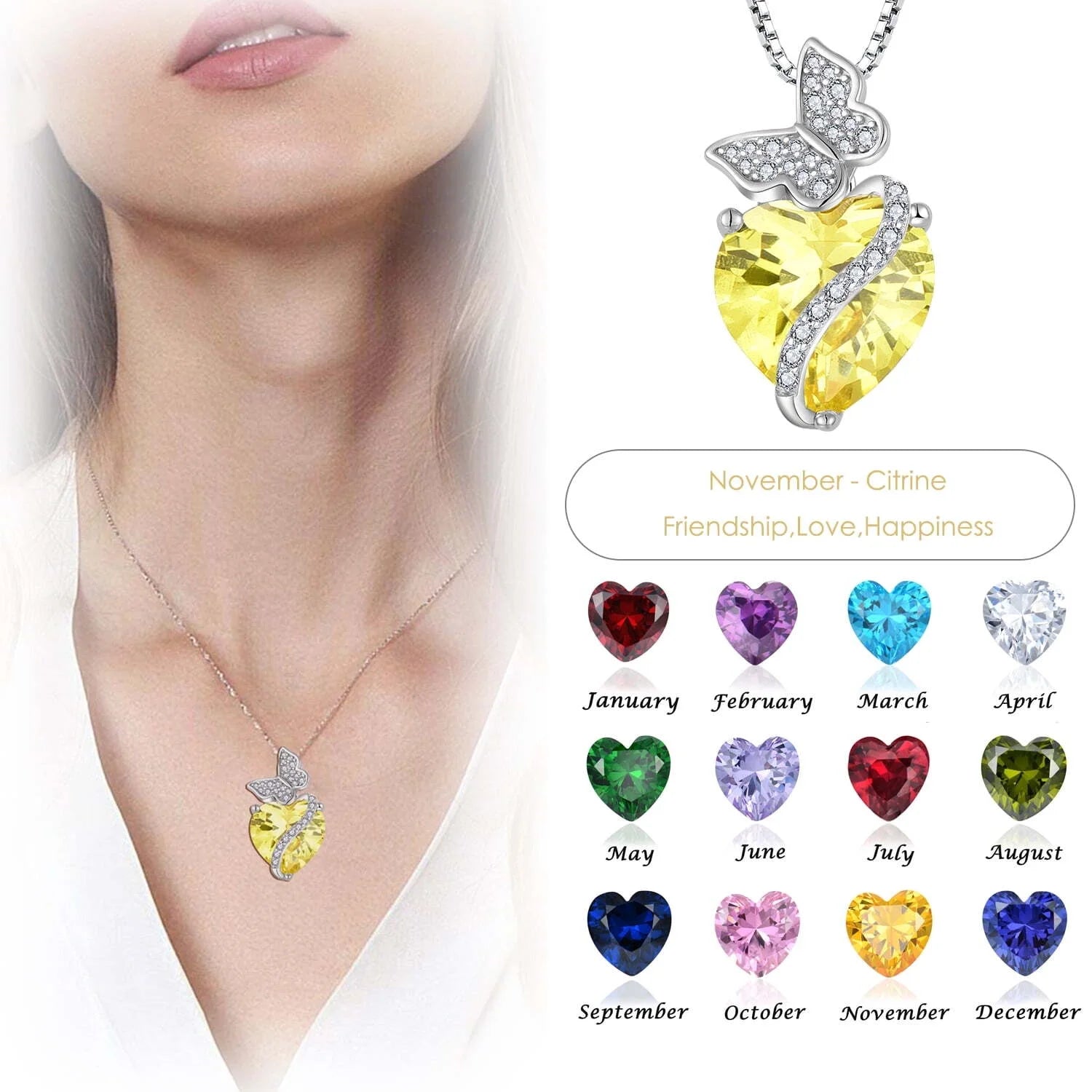 Sterling Silver October Birthstone Heart Necklace Butterfly Pendant Jewelry Gift for Women